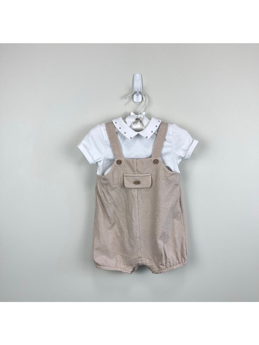 Mayoral Beige & White Jersey Dungaree Romper Outfit 4-6 Months